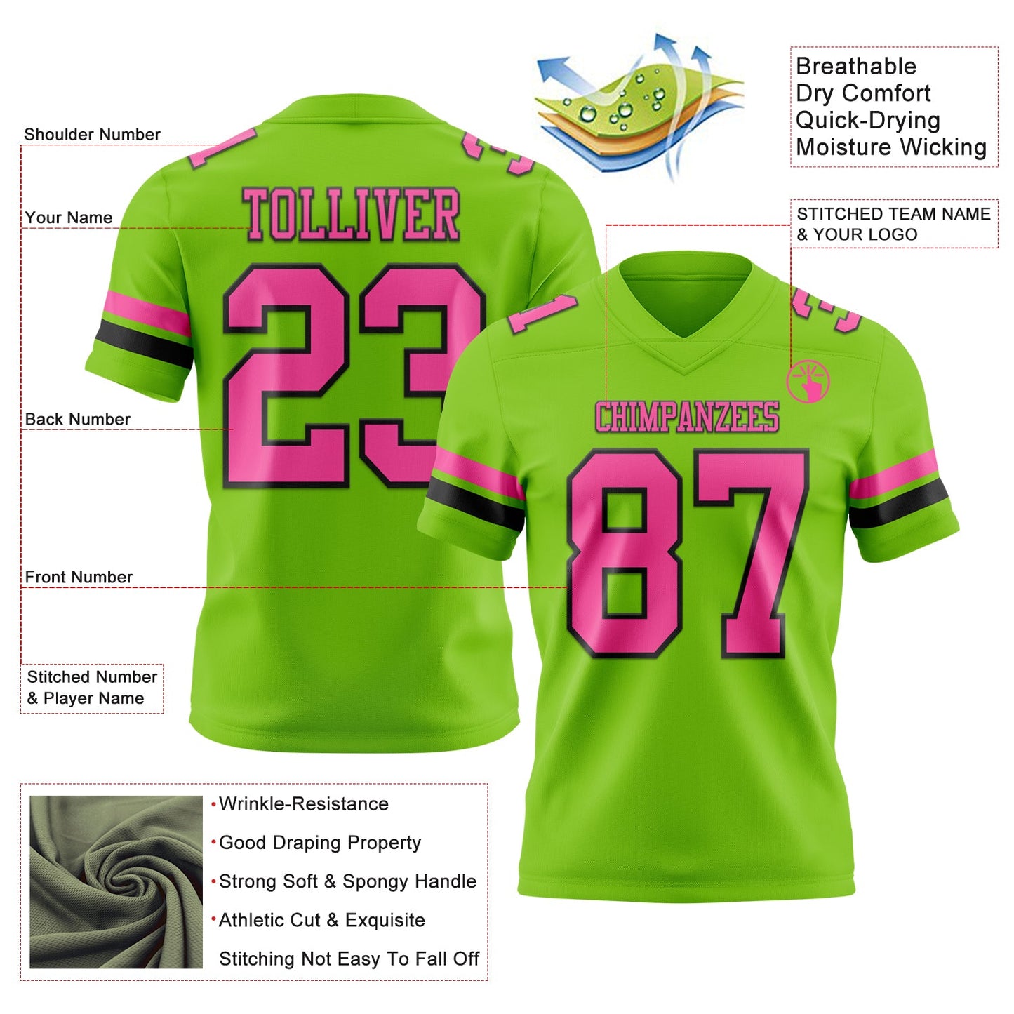 Custom Neon Green Pink-Black Authentic Football Jersey view 3
