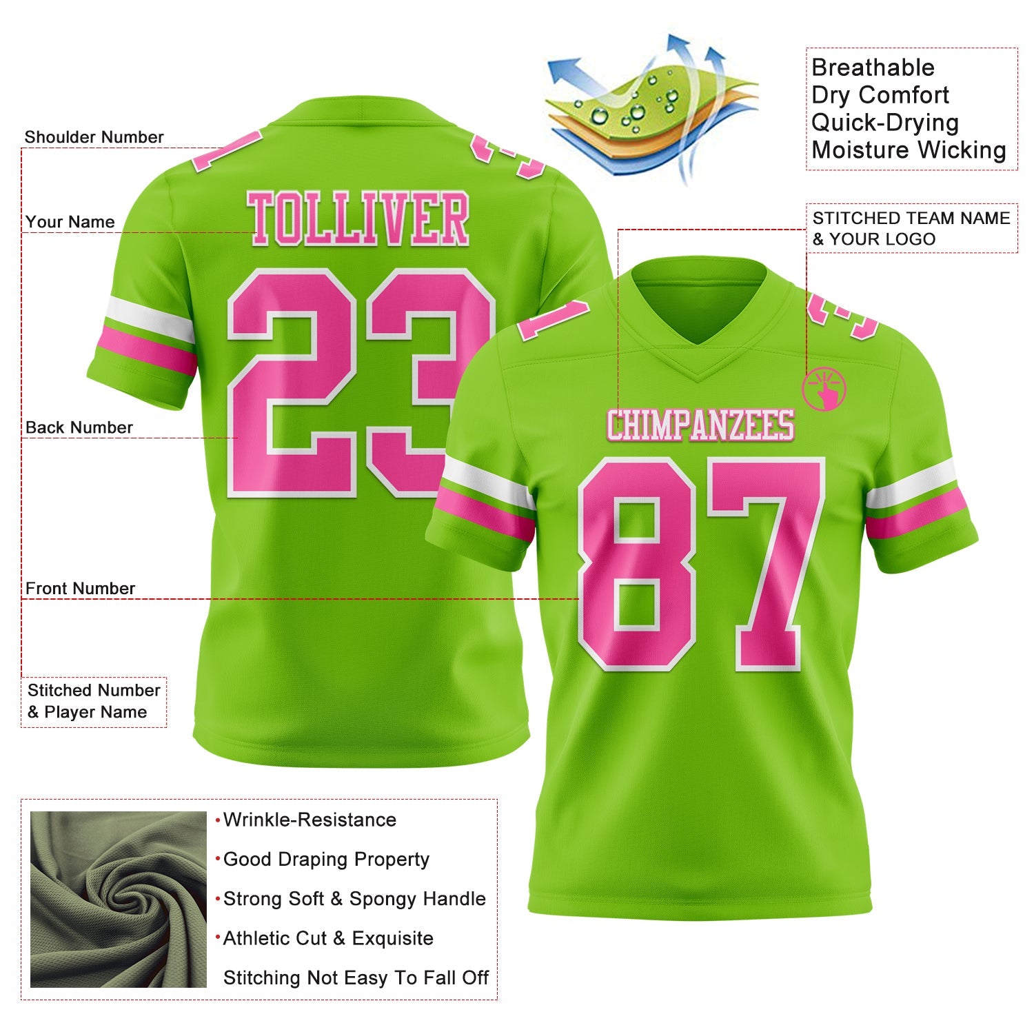 Custom Neon Green Pink-White Authentic Football Jersey view 3