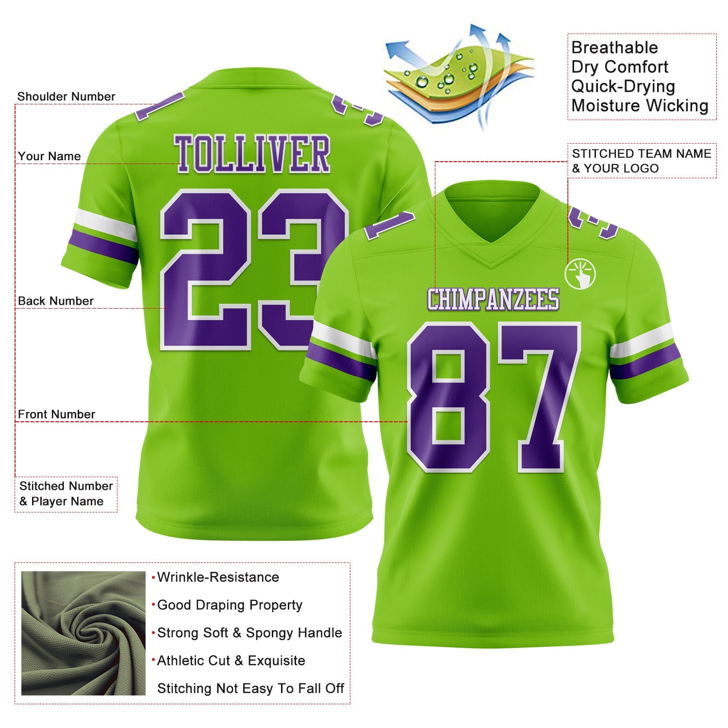 Custom Neon Green Purple-White Authentic Football Jersey view 3