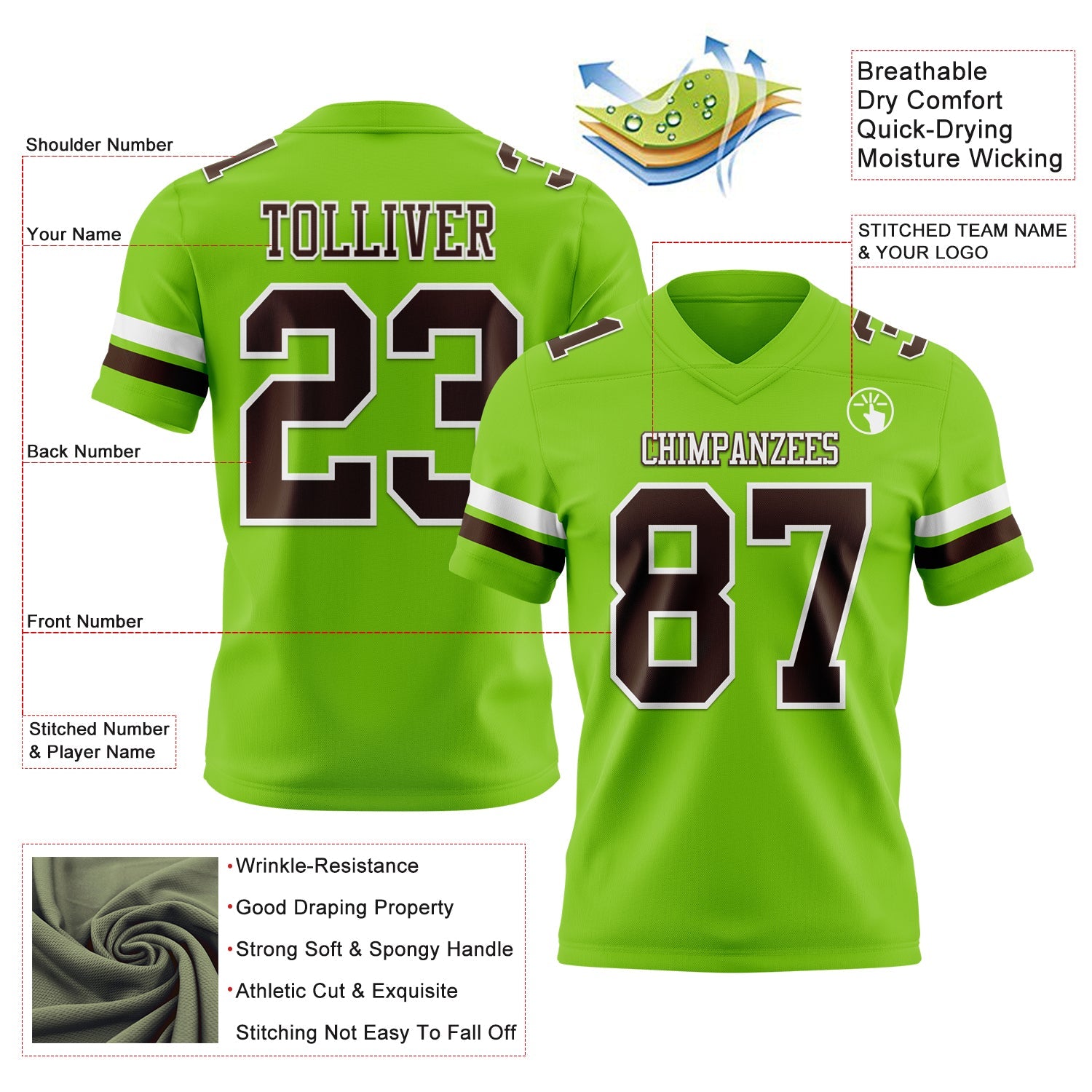 Custom Neon Green Brown-White Authentic Football Jersey view 3