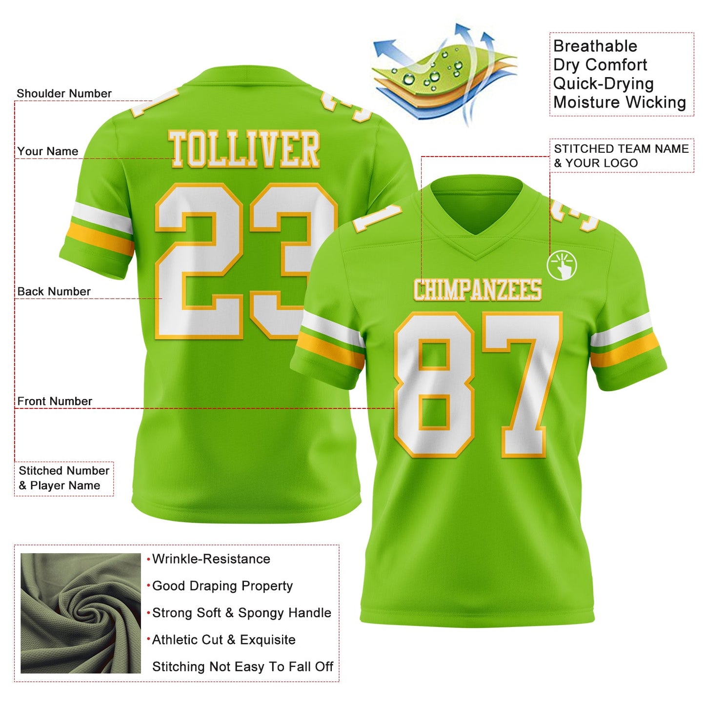 Custom Neon Green White-Gold Authentic Football Jersey view 3