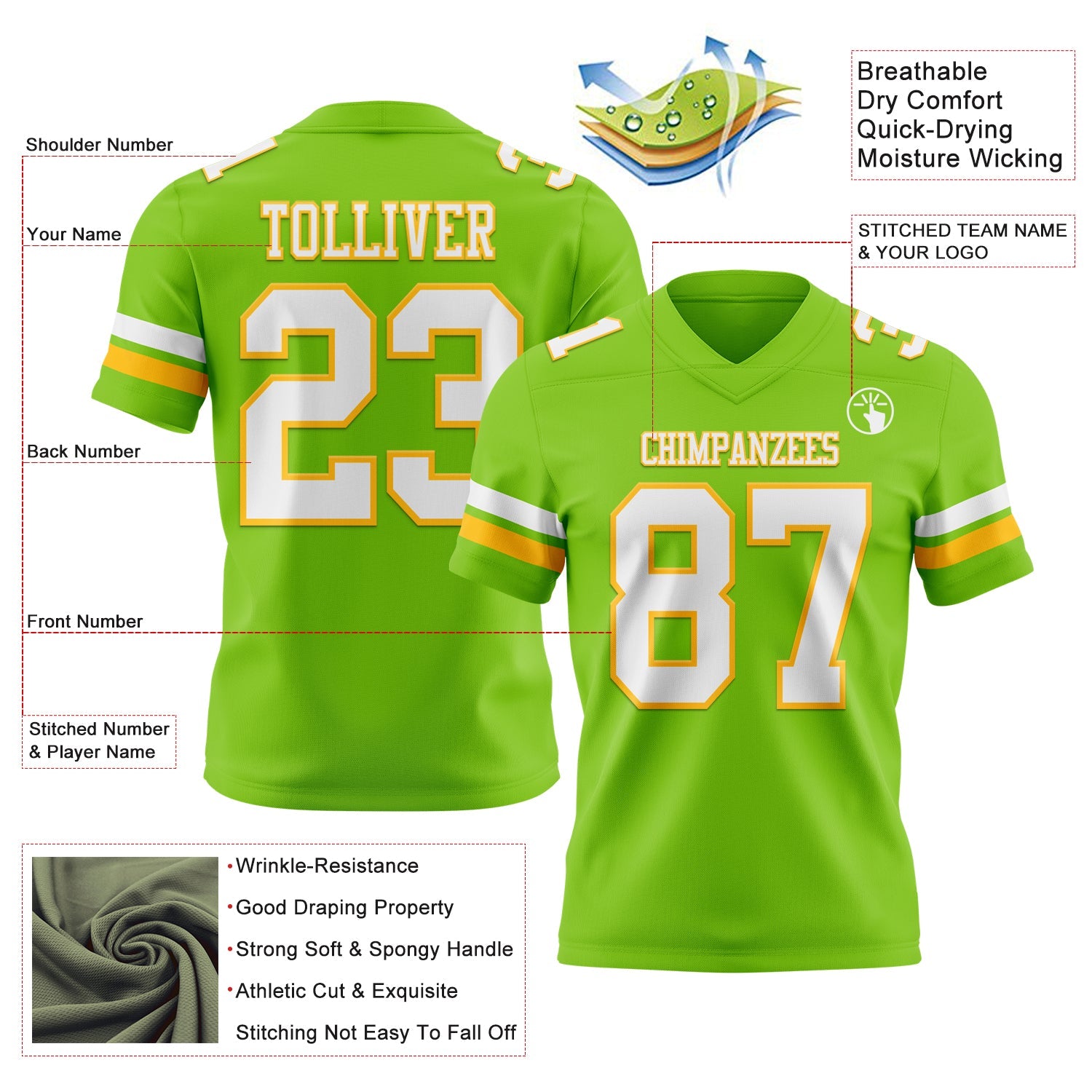 Custom Neon Green White-Gold Authentic Football Jersey view 3