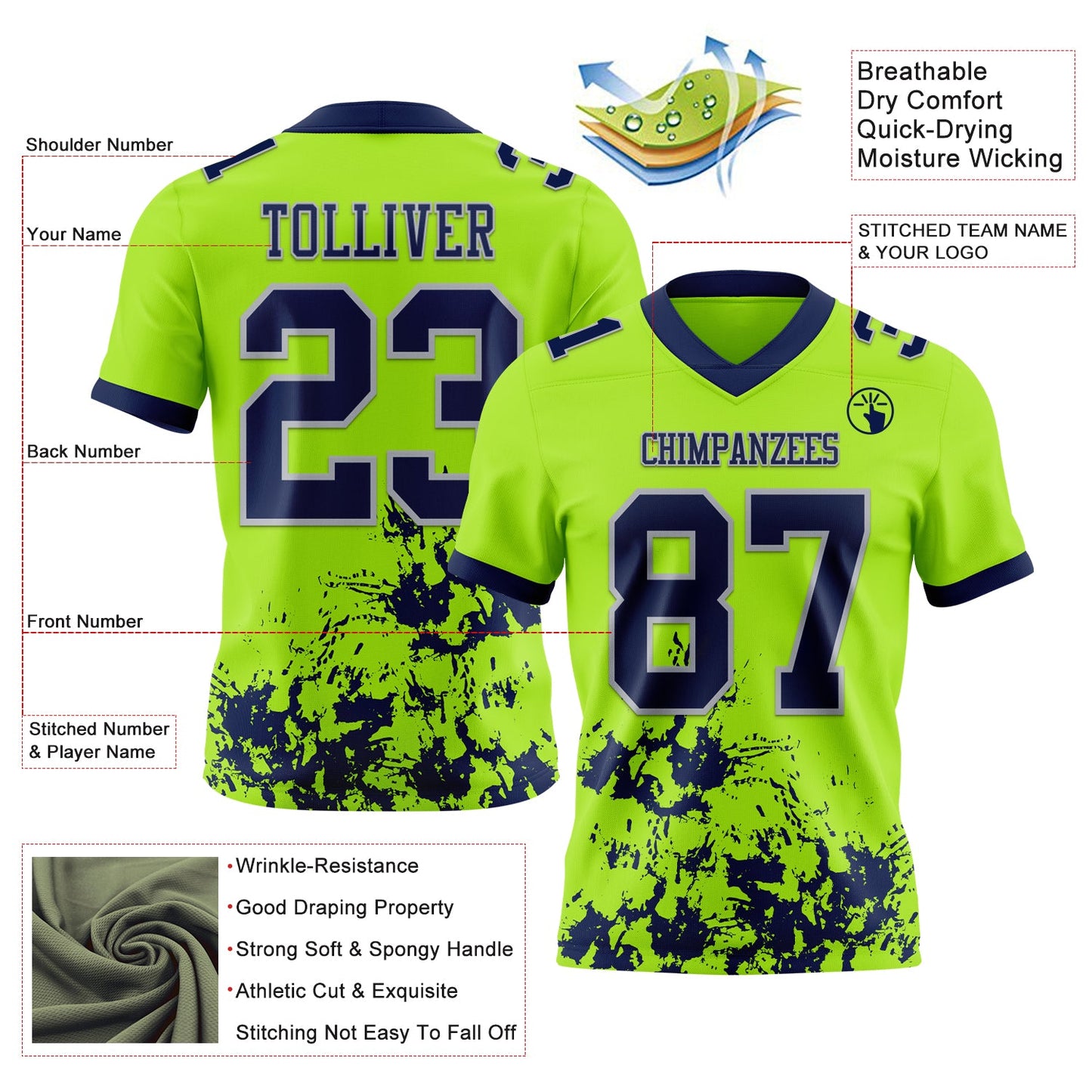 Custom Neon Green Navy-Gray 3D Pattern Splash Authentic Football Jersey view 3