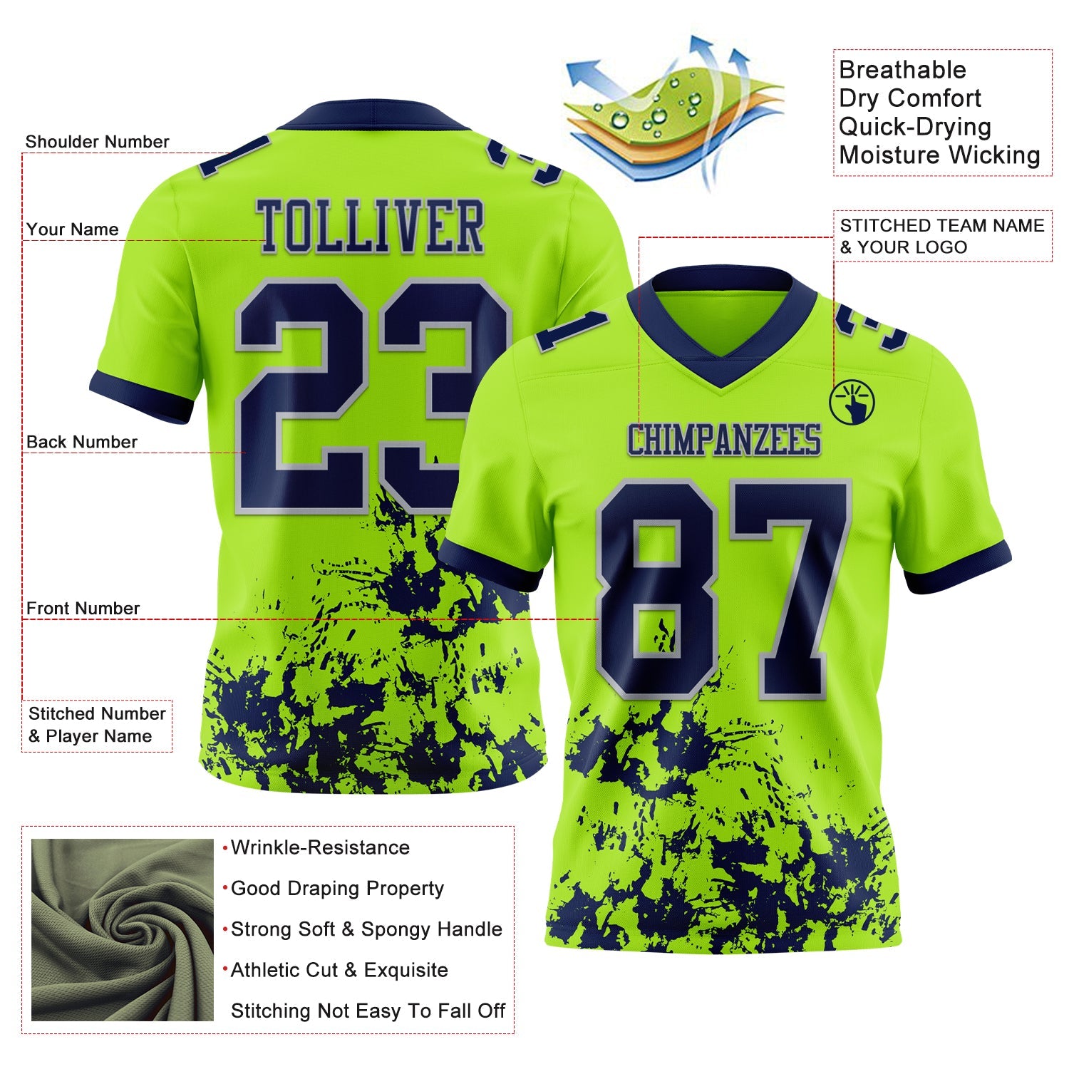 Custom Neon Green Navy-Gray 3D Pattern Splash Authentic Football Jersey view 3
