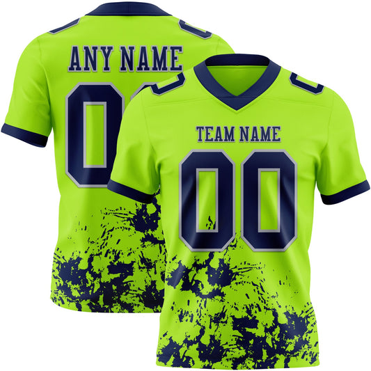 Custom Neon Green Navy-Gray 3D Pattern Splash Authentic Football Jersey - Main View