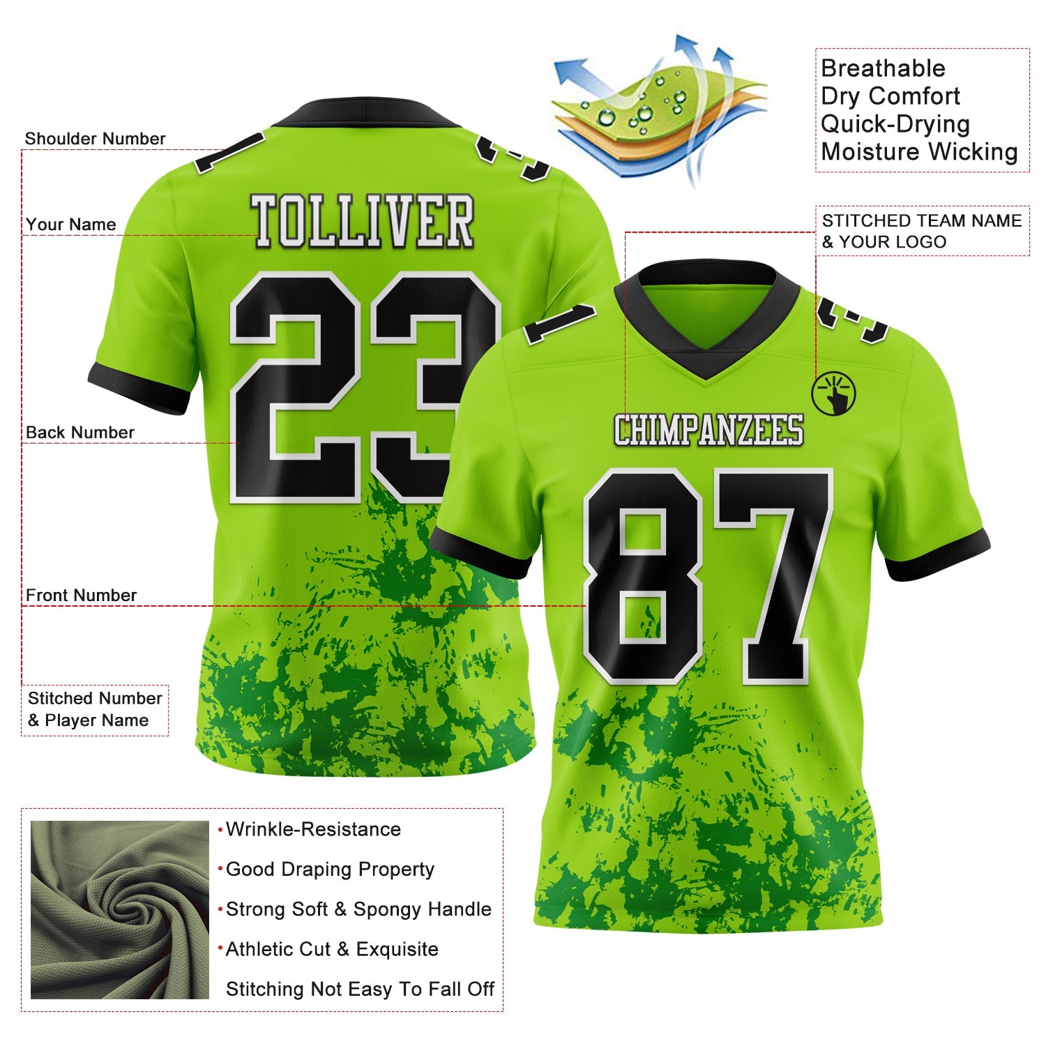 Custom Neon Green Black Grass Green-White 3D Pattern Splash Authentic Football Jersey view 3