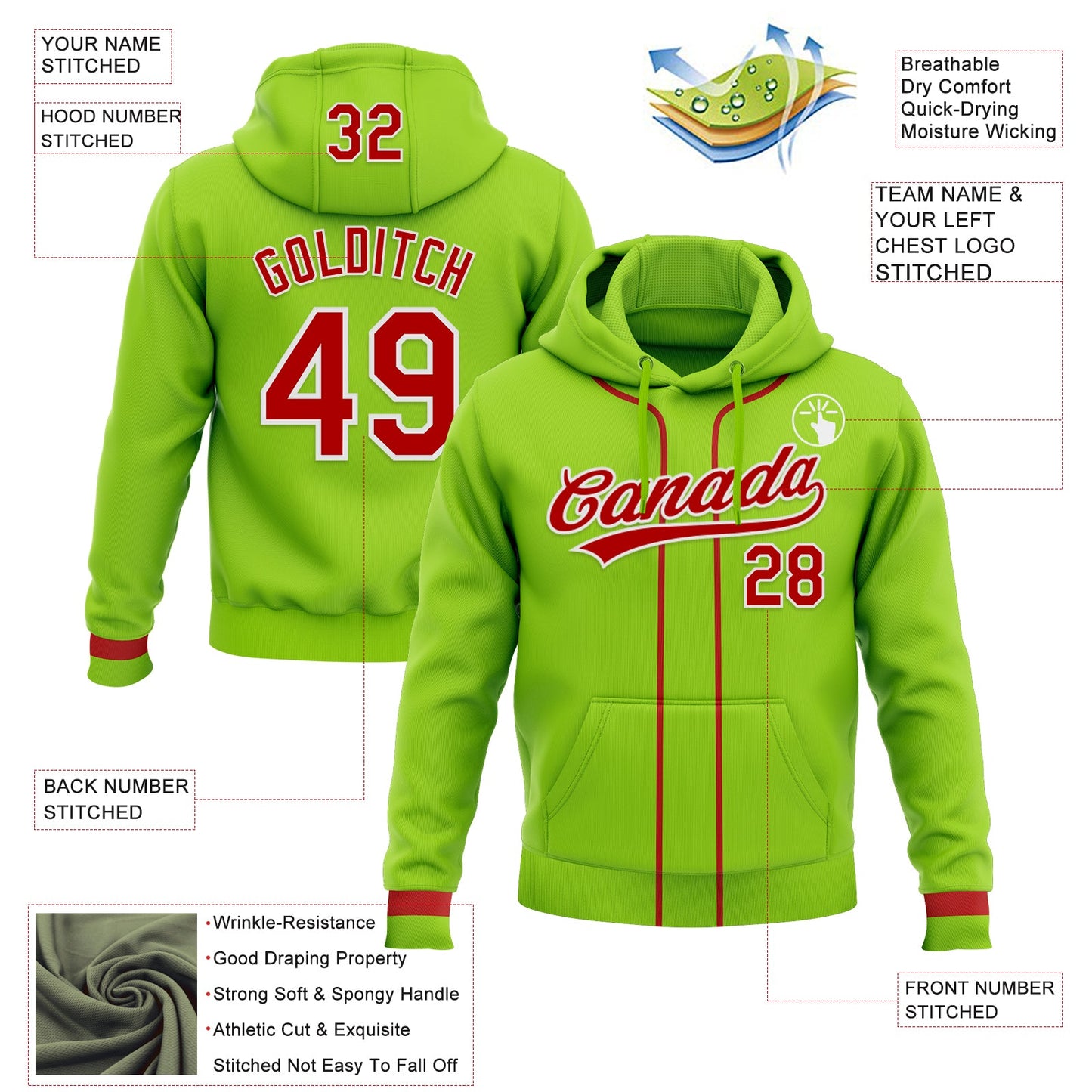 Custom Stitched Neon Green Red-White Baseball Pullover Sweatshirt Hoodie view 2