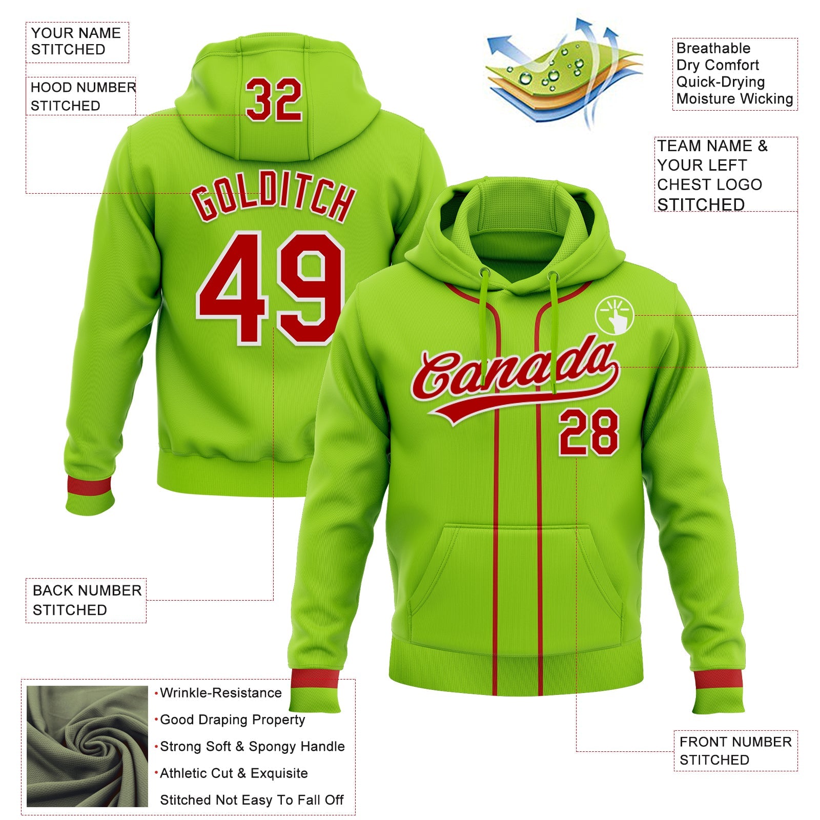 Custom Stitched Neon Green Red-White Baseball Pullover Sweatshirt Hoodie view 2
