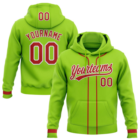 Custom Stitched Neon Green Red-White Baseball Pullover Sweatshirt Hoodie - Main View
