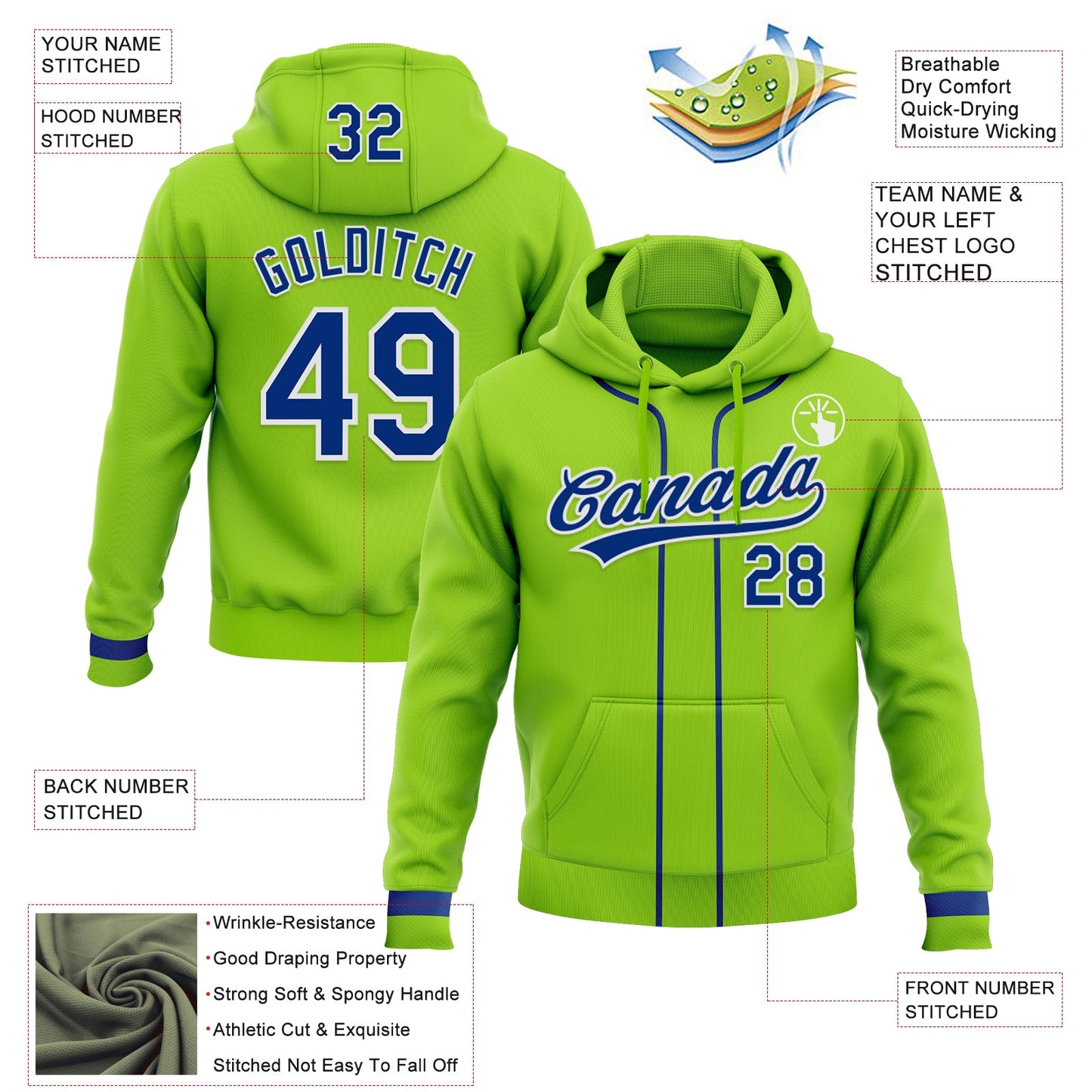 Custom Stitched Neon Green Royal-White Baseball Pullover Sweatshirt Hoodie view 2