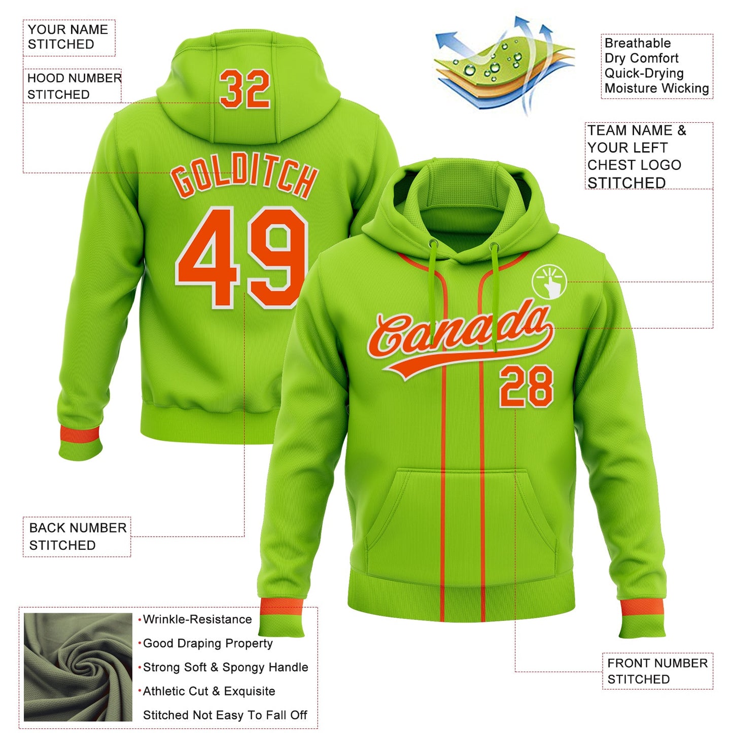 Custom Stitched Neon Green Orange-White Baseball Pullover Sweatshirt Hoodie view 2
