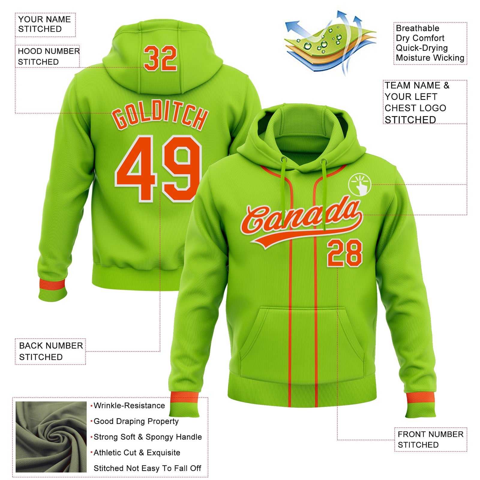 Custom Stitched Neon Green Orange-White Baseball Pullover Sweatshirt Hoodie view 2