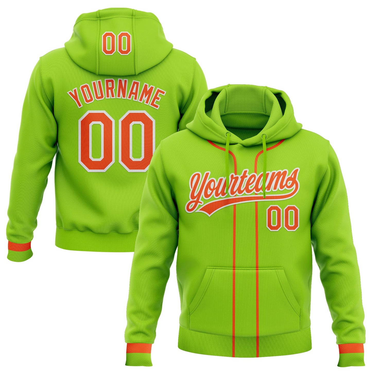 Custom Stitched Neon Green Orange-White Baseball Pullover Sweatshirt Hoodie - Main View