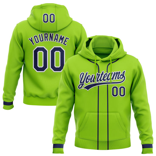 Custom Stitched Neon Green Navy-White Baseball Pullover Sweatshirt Hoodie - Main View
