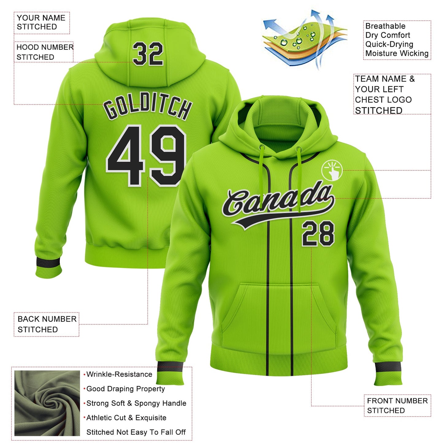 Custom Stitched Neon Green Black-White Baseball Pullover Sweatshirt Hoodie view 2