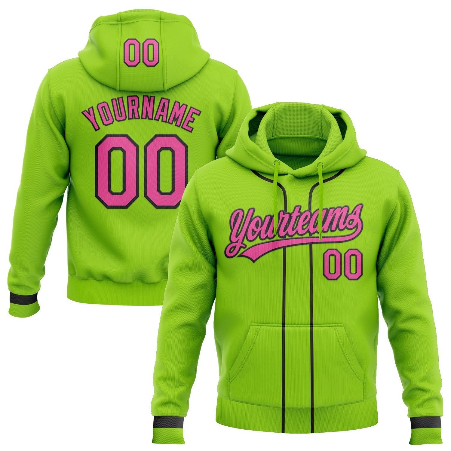 Custom Stitched Neon Green Pink-Black Baseball Pullover Sweatshirt Hoodie - Main View