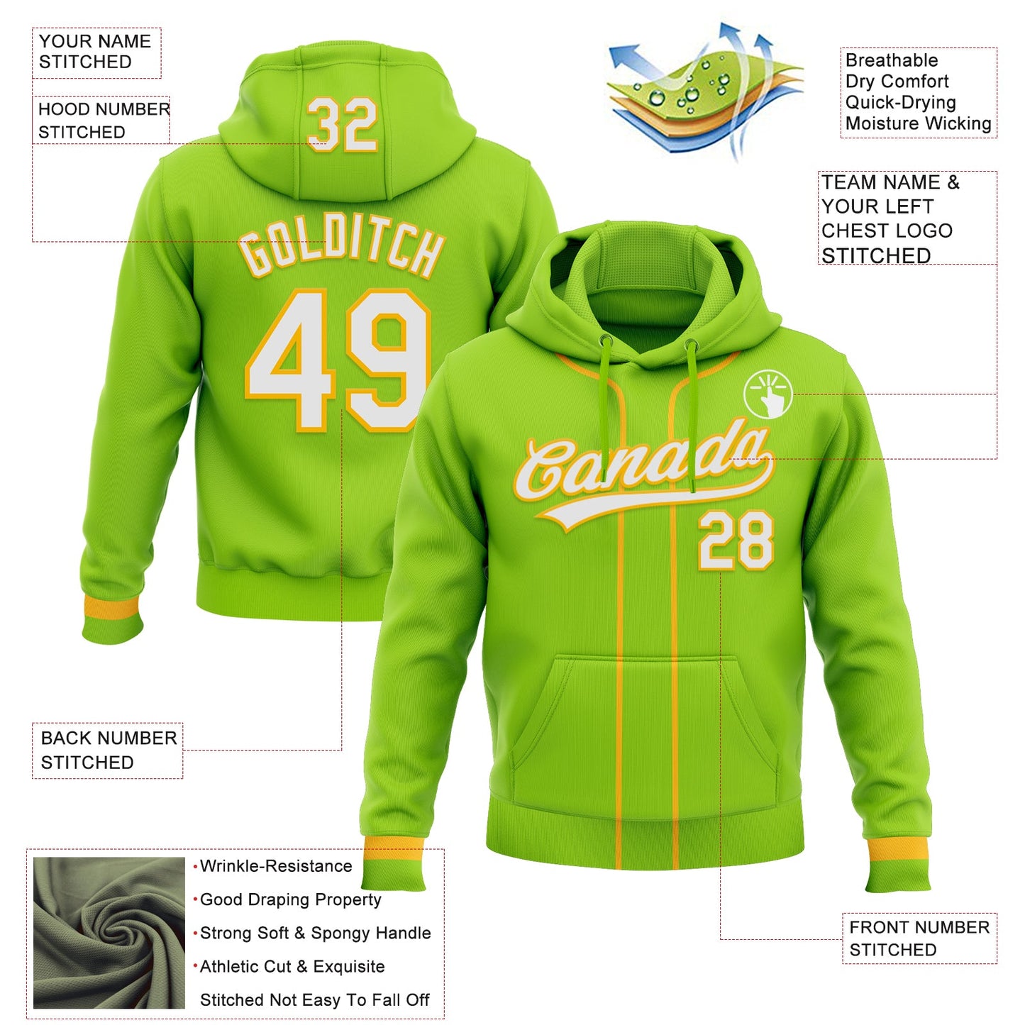 Custom Stitched Neon Green White-Gold Baseball Pullover Sweatshirt Hoodie view 2