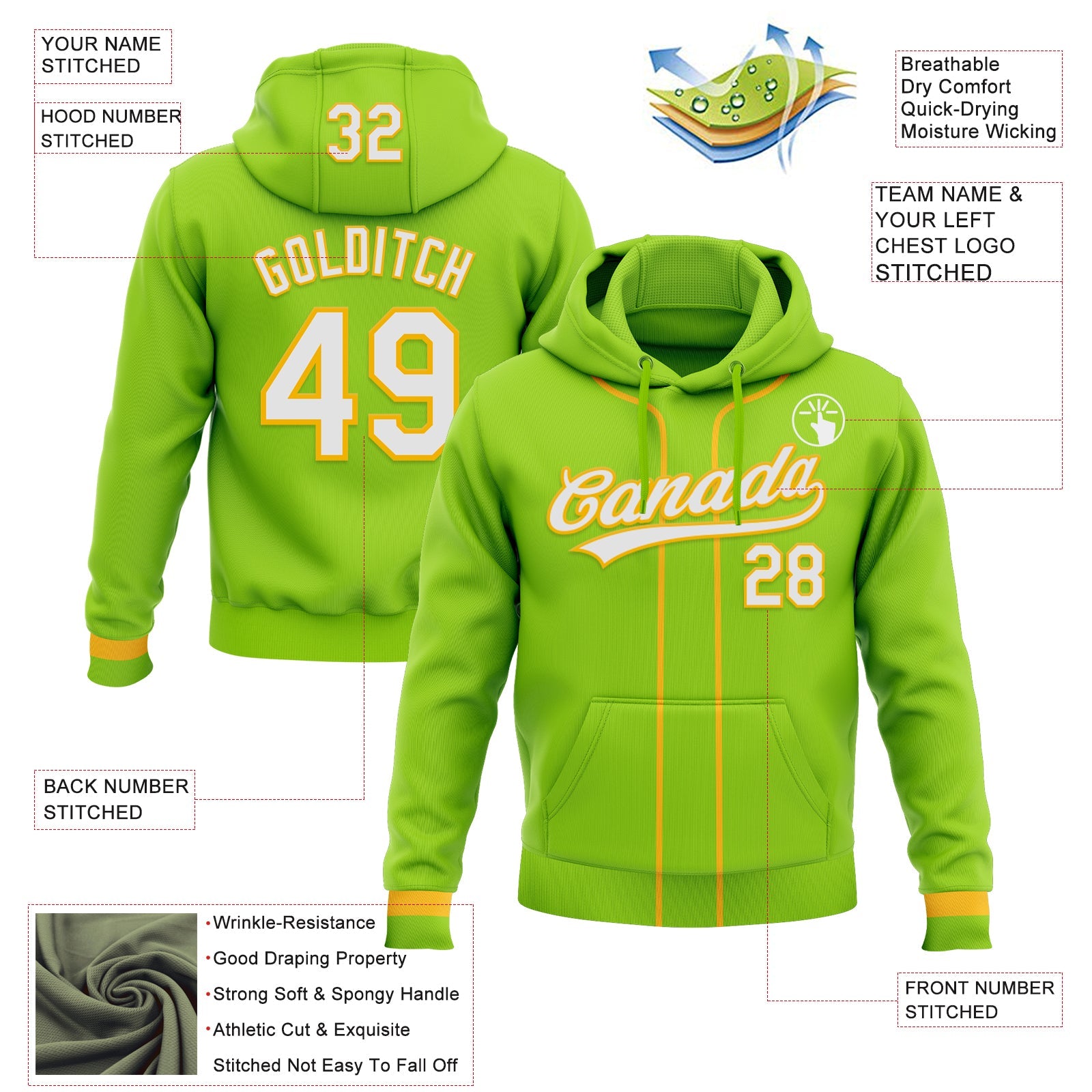 Custom Stitched Neon Green White-Gold Baseball Pullover Sweatshirt Hoodie view 2