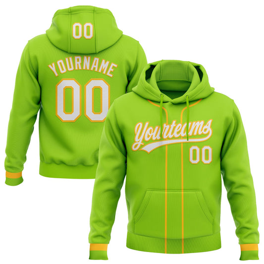 Custom Stitched Neon Green White-Gold Baseball Pullover Sweatshirt Hoodie - Main View
