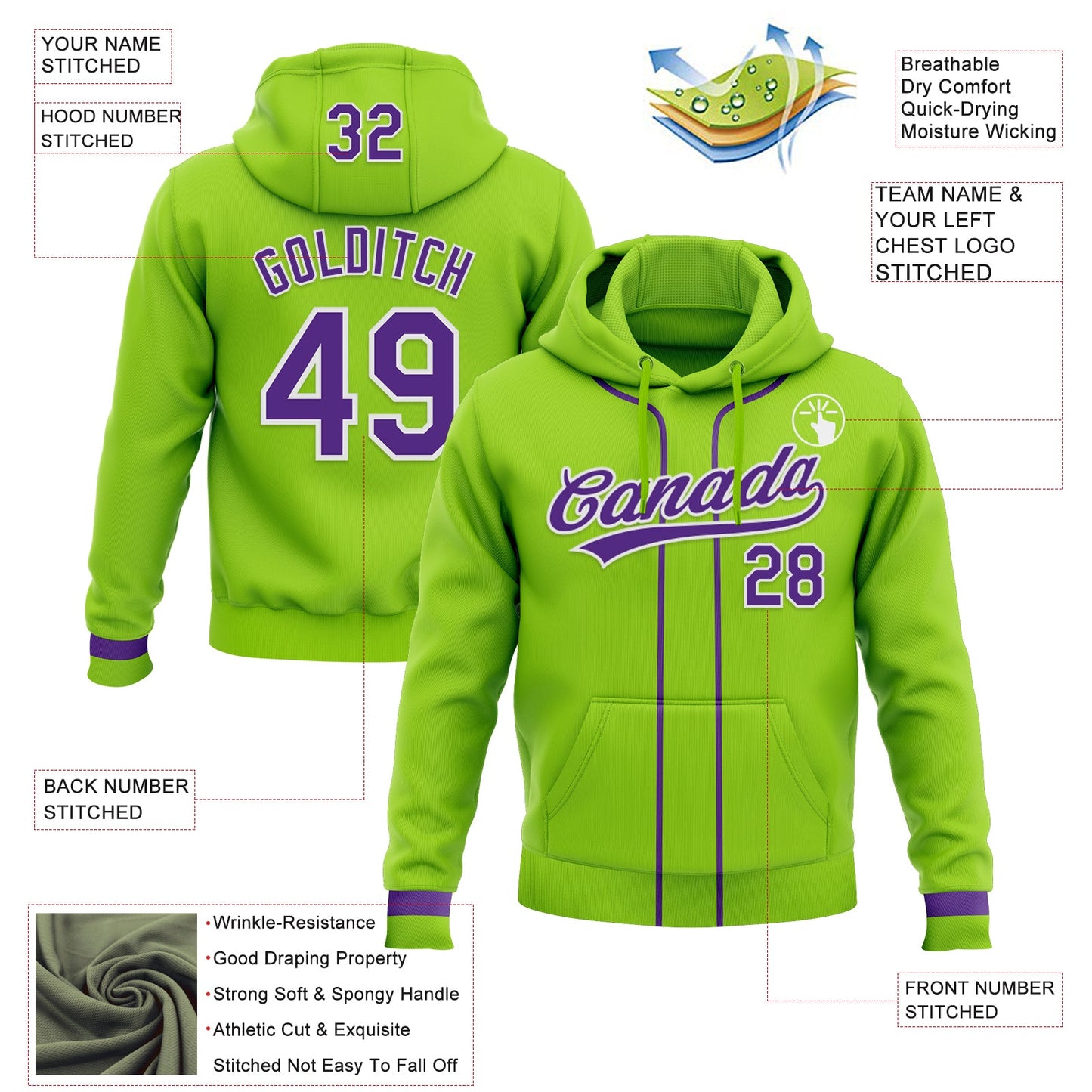 Custom Stitched Neon Green Purple-White Baseball Pullover Sweatshirt Hoodie view 2