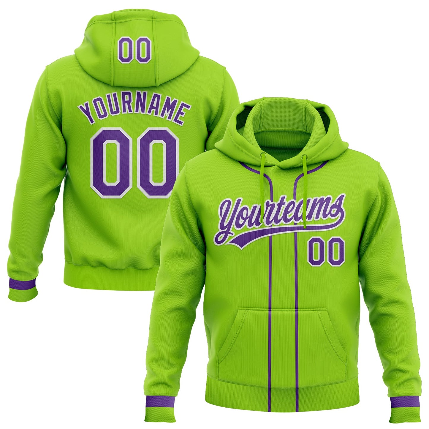 Custom Stitched Neon Green Purple-White Baseball Pullover Sweatshirt Hoodie - Main View