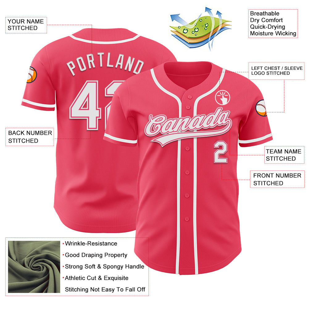 Custom Neon Pink White Authentic Baseball Jersey view 3
