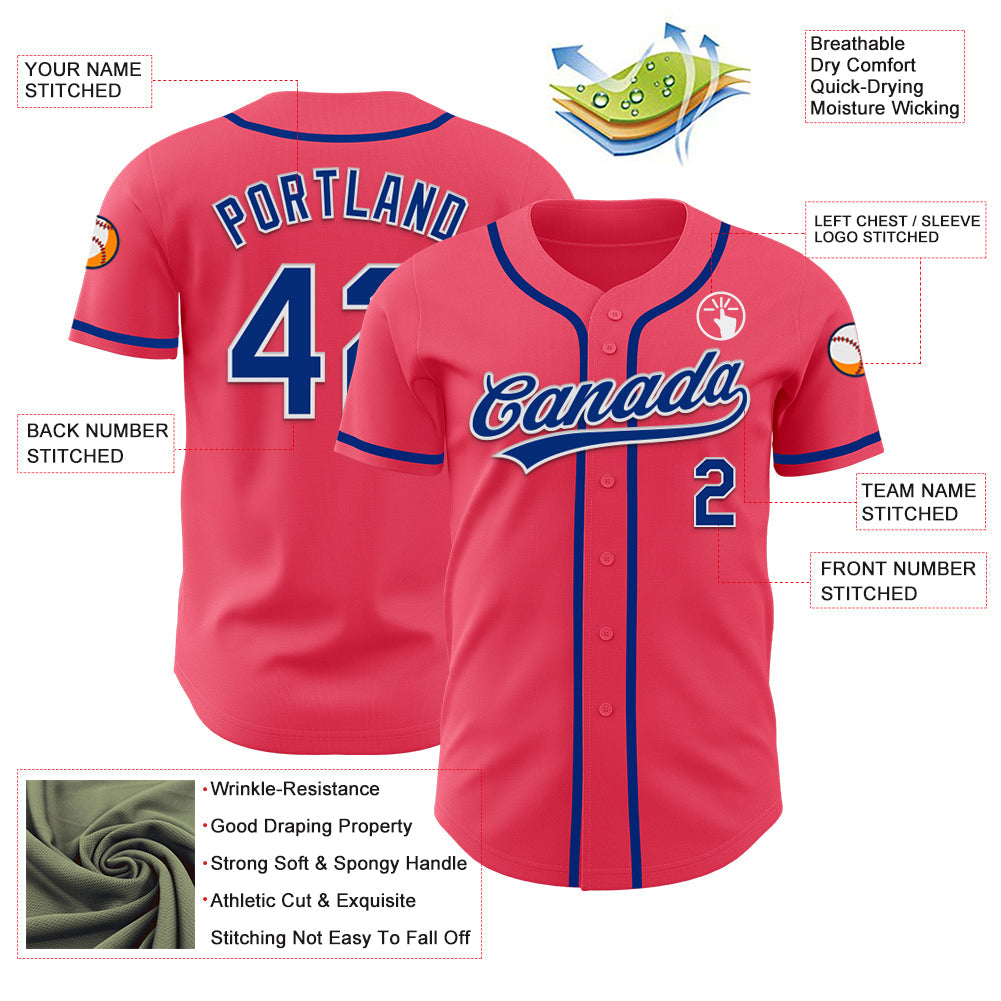 Custom Neon Pink Royal-White Authentic Baseball Jersey view 3