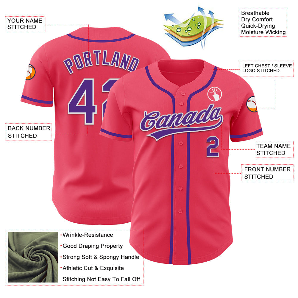 Custom Neon Pink Purple-White Authentic Baseball Jersey view 3