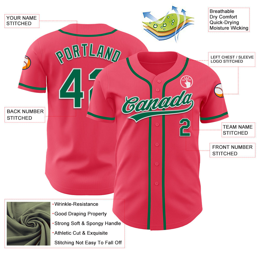 Custom Neon Pink Kelly Green-White Authentic Baseball Jersey view 3
