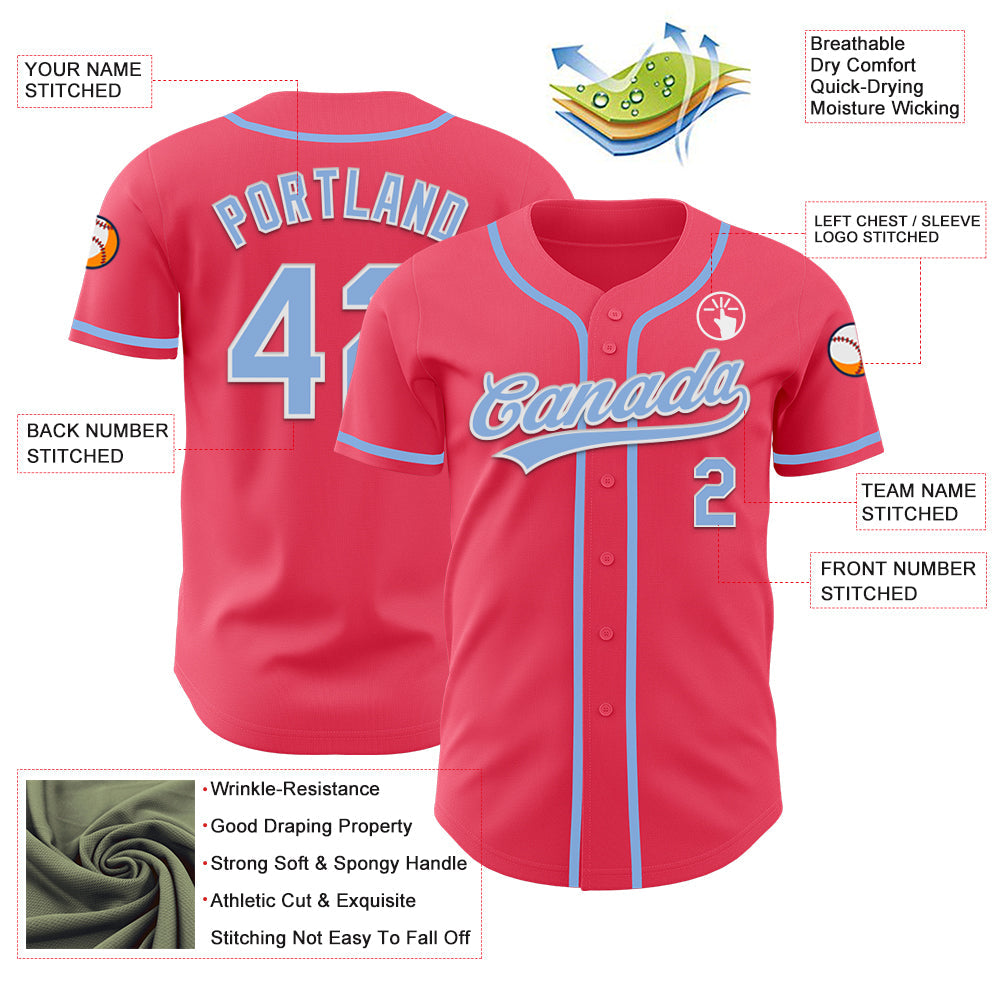 Custom Neon Pink Light Blue-White Authentic Baseball Jersey view 3