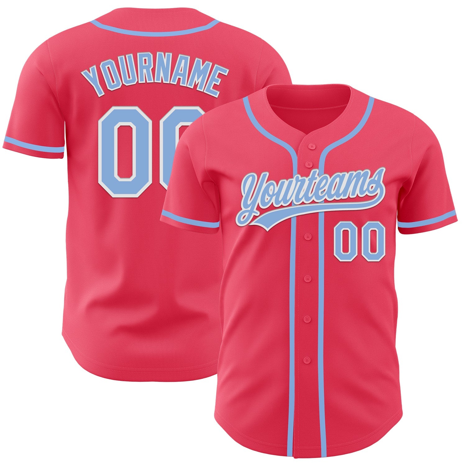Custom Neon Pink Light Blue-White Authentic Baseball Jersey - Main View