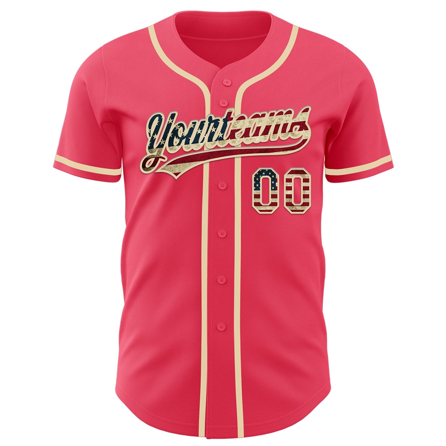 Custom Neon Pink Vintage USA Flag-Cream Authentic Baseball Jersey view 2