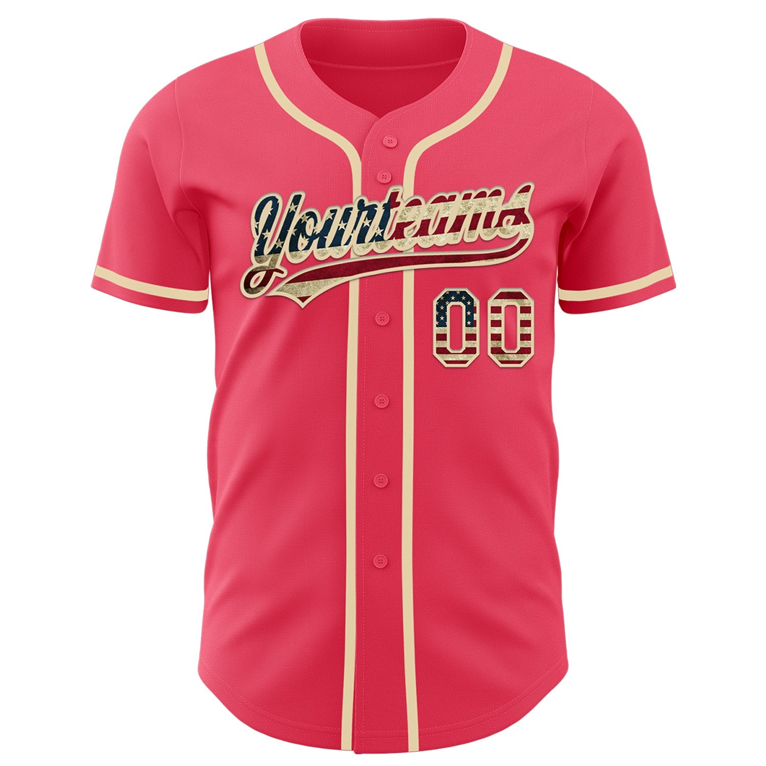 Custom Neon Pink Vintage USA Flag-Cream Authentic Baseball Jersey view 2
