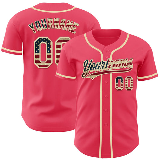 Custom Neon Pink Vintage USA Flag-Cream Authentic Baseball Jersey - Main View