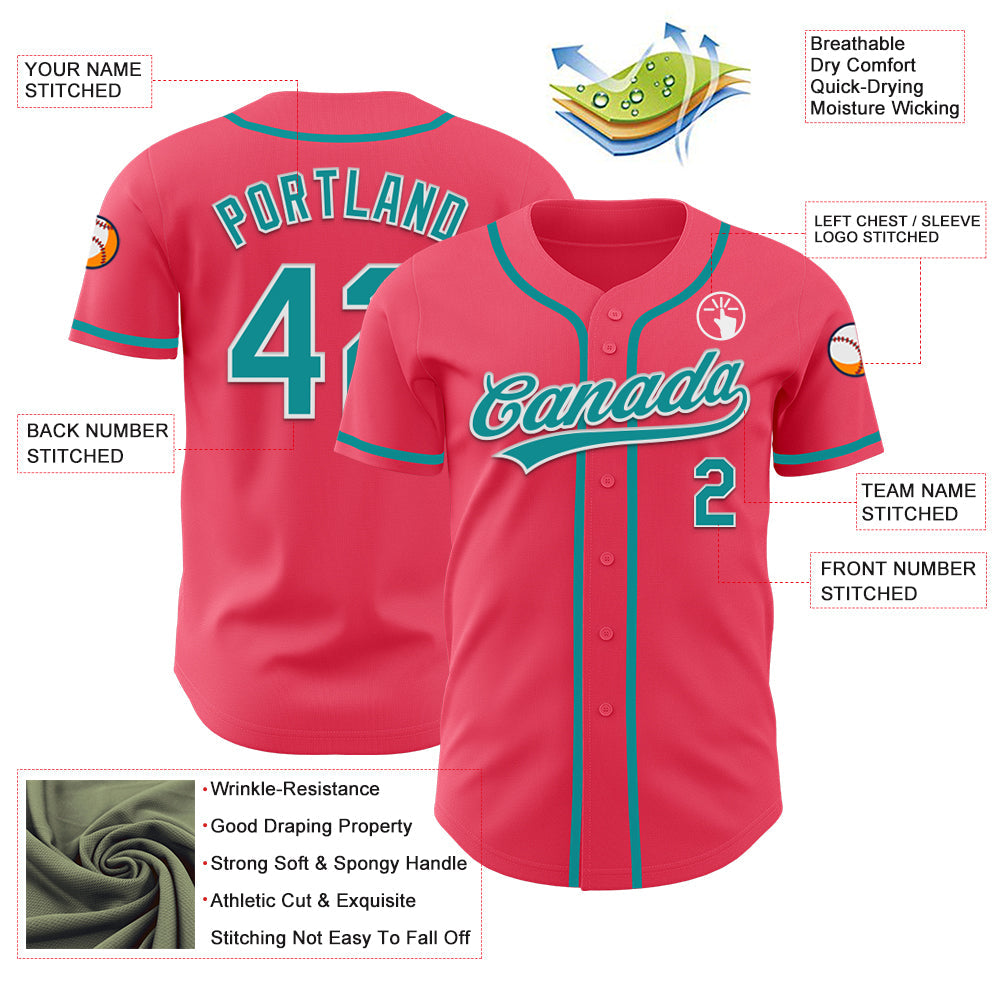 Custom Neon Pink Teal-White Authentic Baseball Jersey view 3