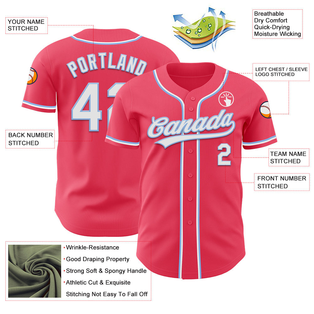 Custom Neon Pink Light Blue-White Authentic Baseball Jersey view 3