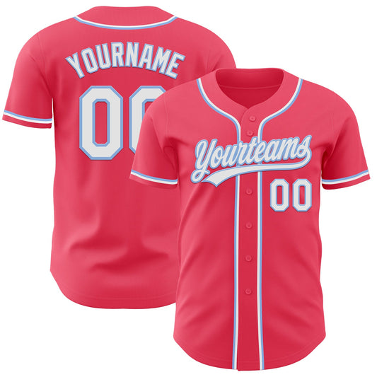 Custom Neon Pink Light Blue-White Authentic Baseball Jersey - Main View