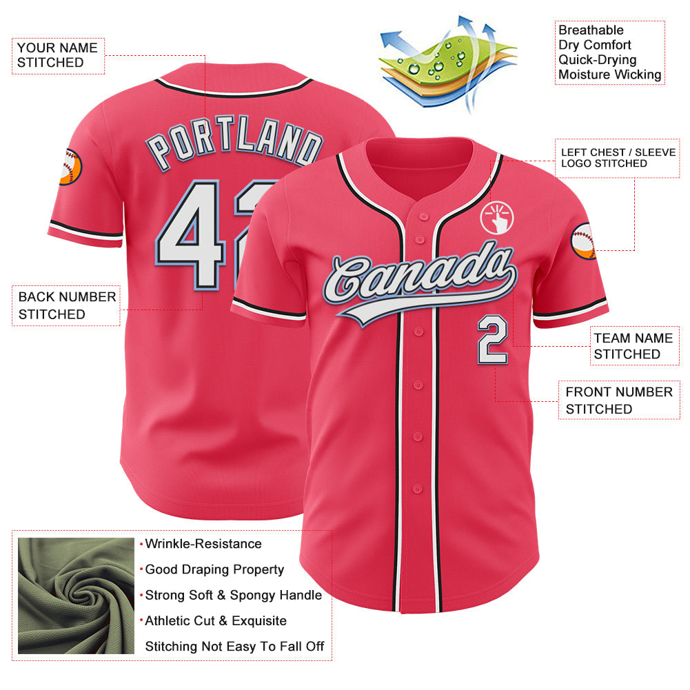 Custom Neon Pink Black-Light Blue Authentic Baseball Jersey view 3