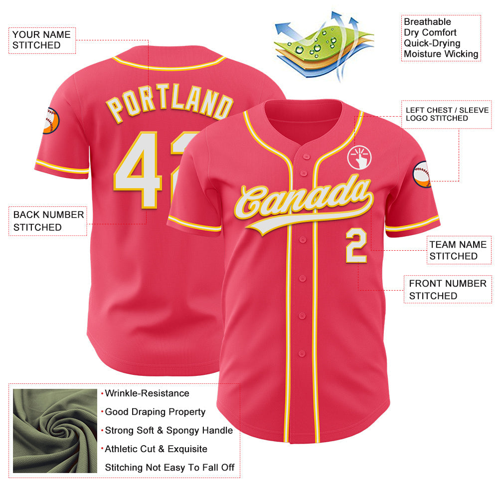 Custom Neon Pink White-Yellow Authentic Baseball Jersey view 3