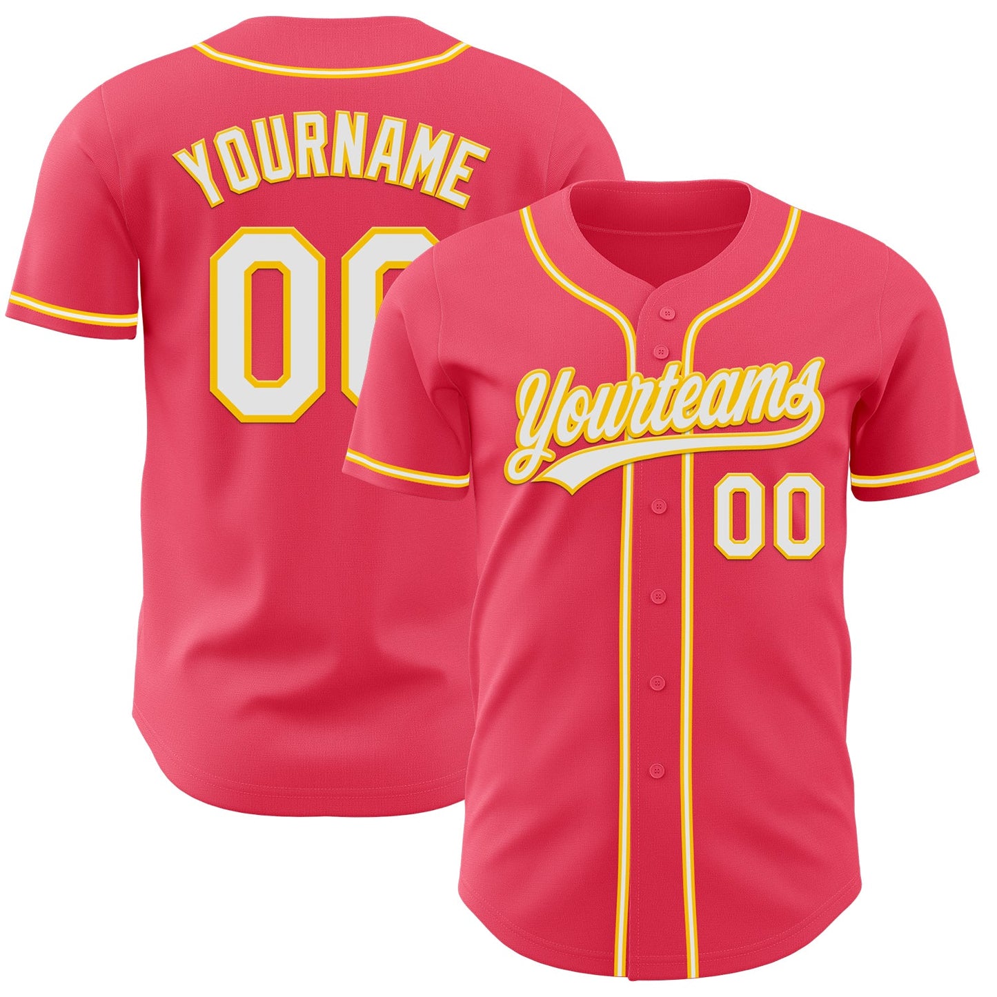 Custom Neon Pink White-Yellow Authentic Baseball Jersey - Main View