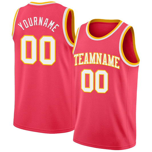 Custom Neon Pink White-Gold Authentic Basketball Jersey - Main View