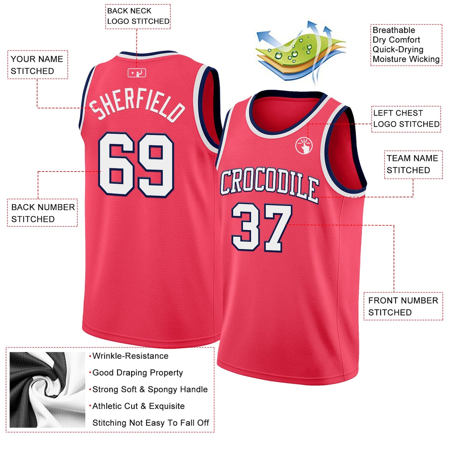 Custom Neon Pink White-Navy Authentic Basketball Jersey view 2