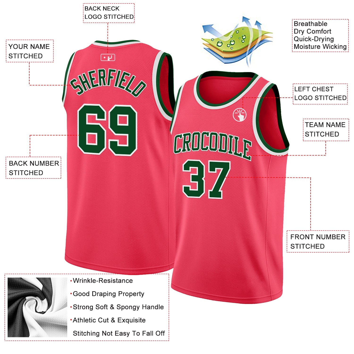 Custom Neon Pink Green-White Authentic Basketball Jersey view 2