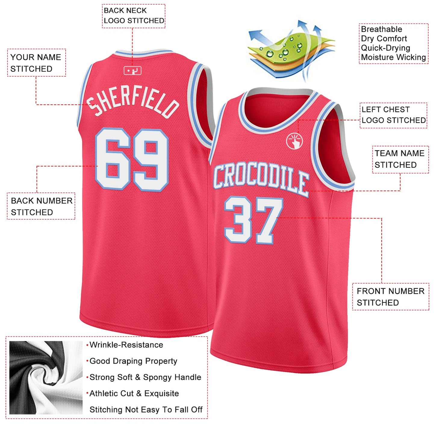 Custom Neon Pink White-Light Blue Authentic Basketball Jersey view 2