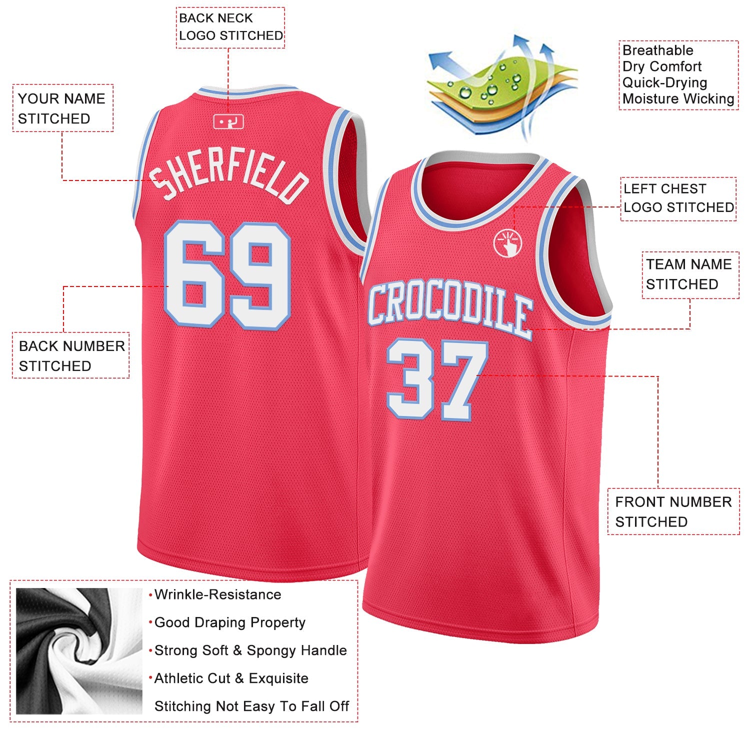Custom Neon Pink White-Light Blue Authentic Basketball Jersey view 2