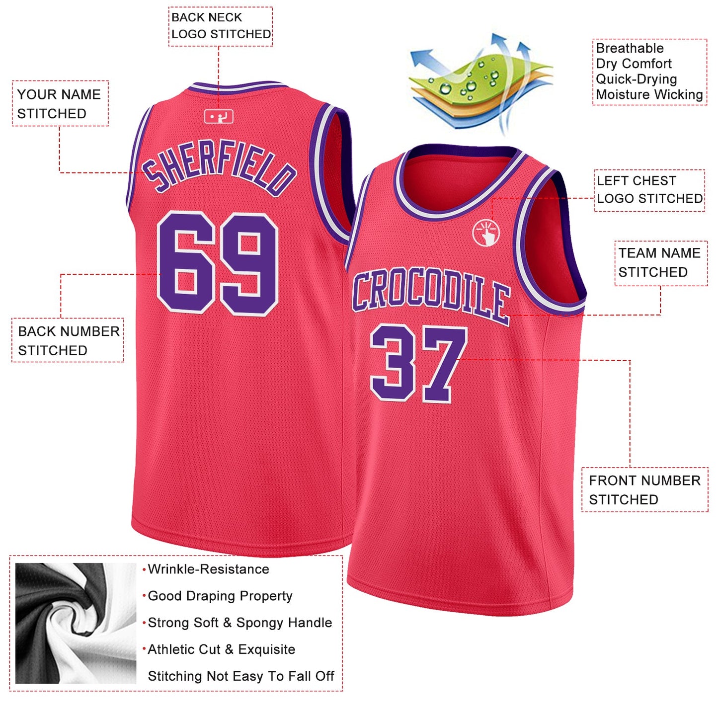 Custom Neon Pink Purple-White Authentic Basketball Jersey view 2