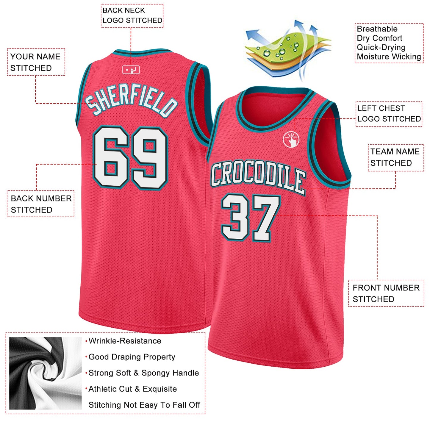 Custom Neon Pink White Black-Teal Authentic Basketball Jersey view 2