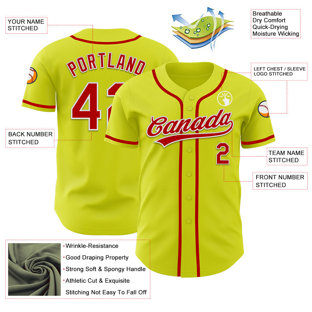 Custom Neon Yellow Red-White Authentic Baseball Jersey view 3