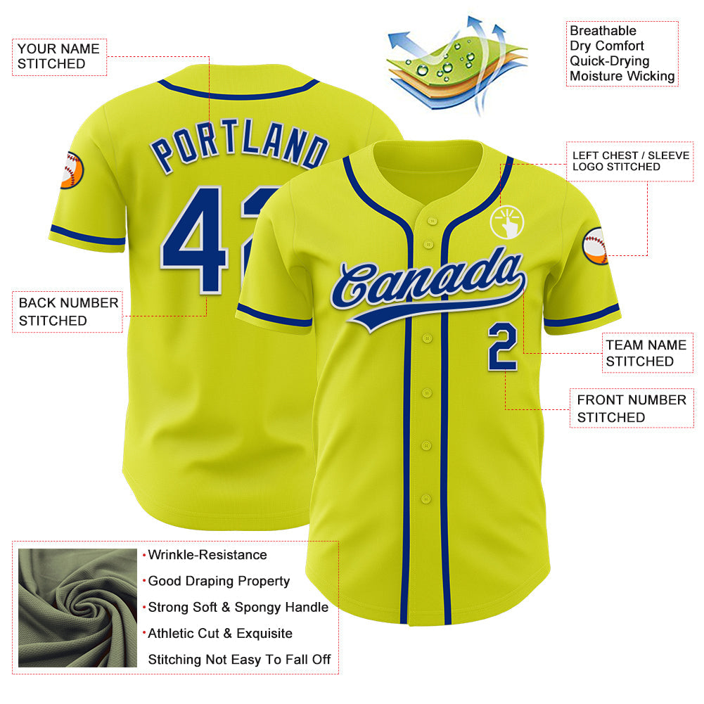 Custom Neon Yellow Royal-White Authentic Baseball Jersey view 3