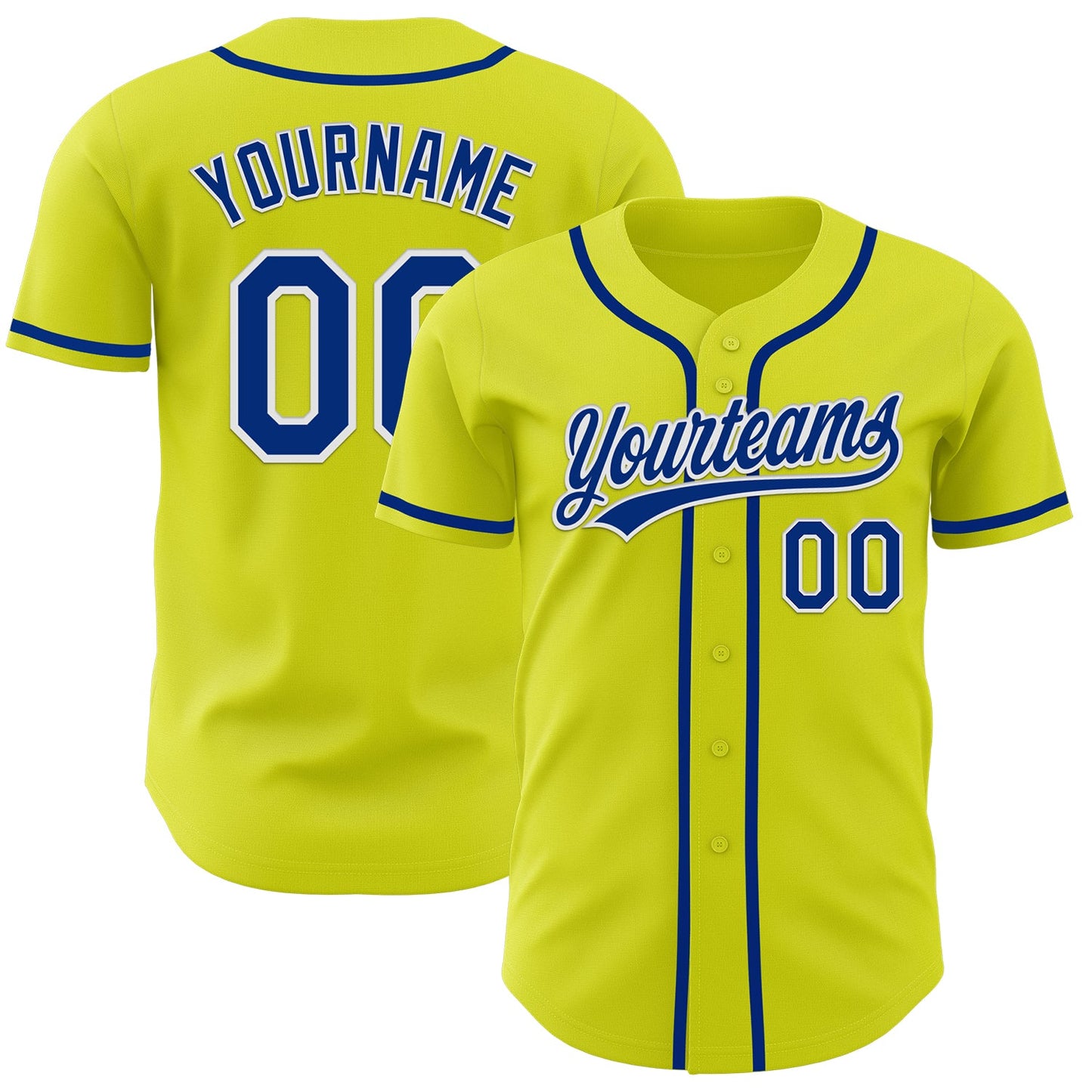 Custom Neon Yellow Royal-White Authentic Baseball Jersey - Main View